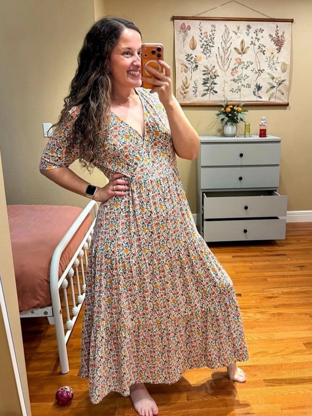 Boden Floral Maxi Dress in White & Orange Size 10R Jersey